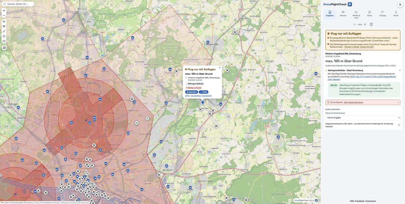 Screenshot der DroneFlightCheck-App mit Flugauflagen-Prüfung